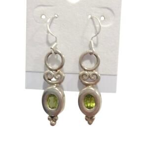 Vtg 925 Sterling Silver Oval Cut Peridot Dangle Drop Earrings Hook Art Nouveau